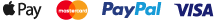 Logos of four payment methods in a row: Apple Pay, Mastercard, PayPal, and Visa, each displayed in their respective brand colors and styles on a transparent background.