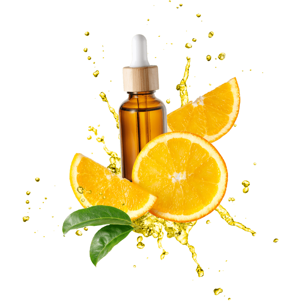A brown glass dropper bottle sits surrounded by vibrant orange slices, green leaves, and splashes of orange liquid, suggesting a fresh citrus extract or essential oil.