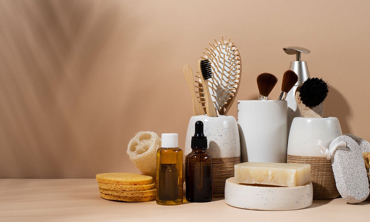 A collection of bathroom essentials including bottles, a hairbrush, makeup brushes, sponges, soap bars, and a soap dispenser arranged on a beige surface against a beige background.