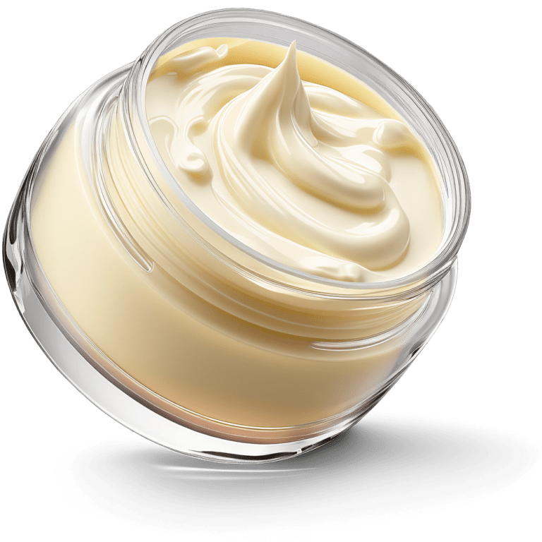 A clear glass jar filled with light yellow, creamy lotion or moisturizer, with a swirl on top, shown on a white background with a soft shadow beneath it.
